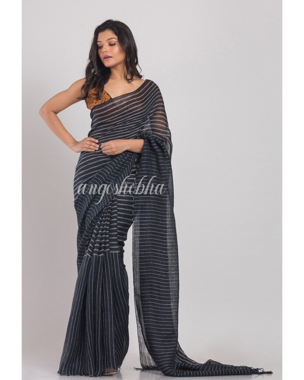 Women's Dim Grey Handloom Linen Saree