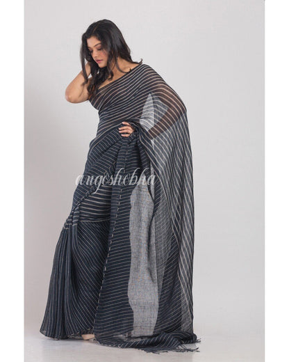 Women's Dim Grey Handloom Linen Saree
