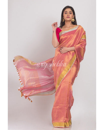 Women's Silver Pink Handloom Tissue Linen Saree
