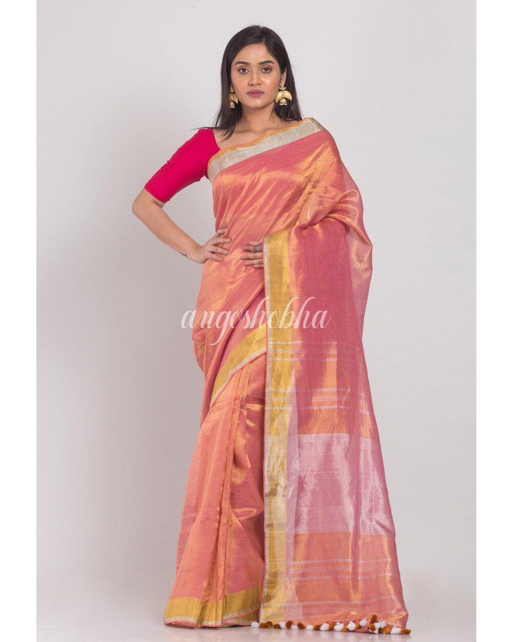 Women's Silver Pink Handloom Tissue Linen Saree