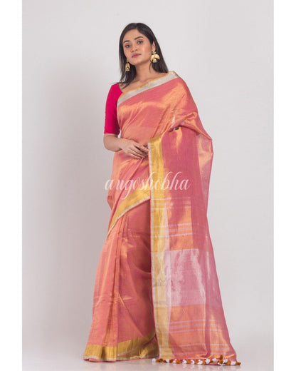 Women's Silver Pink Handloom Tissue Linen Saree