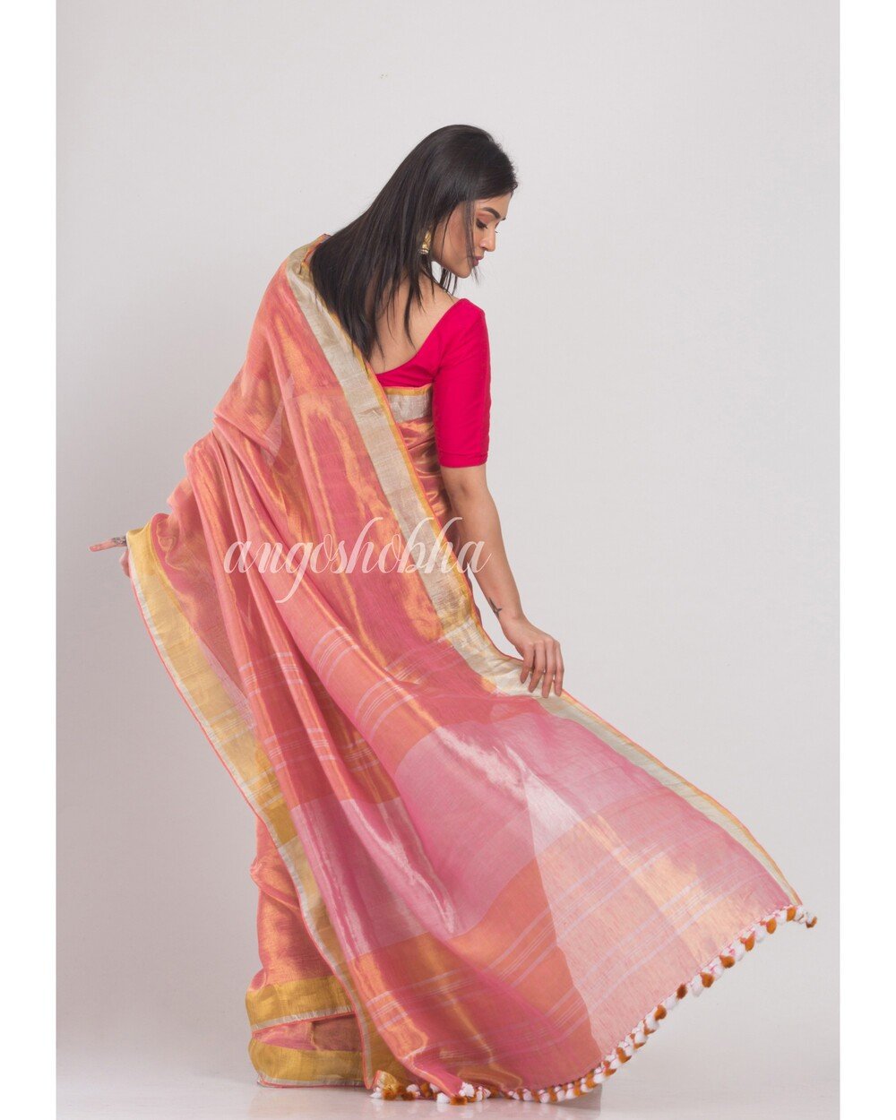 Women's Silver Pink Handloom Tissue Linen Saree
