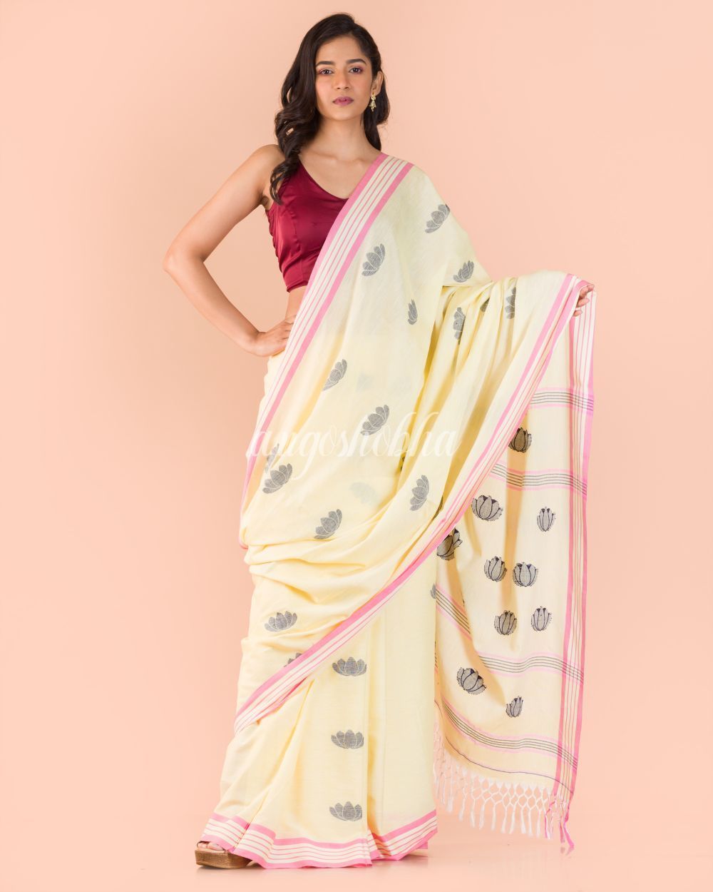 Women's Cream Cotton Jamdani Saree