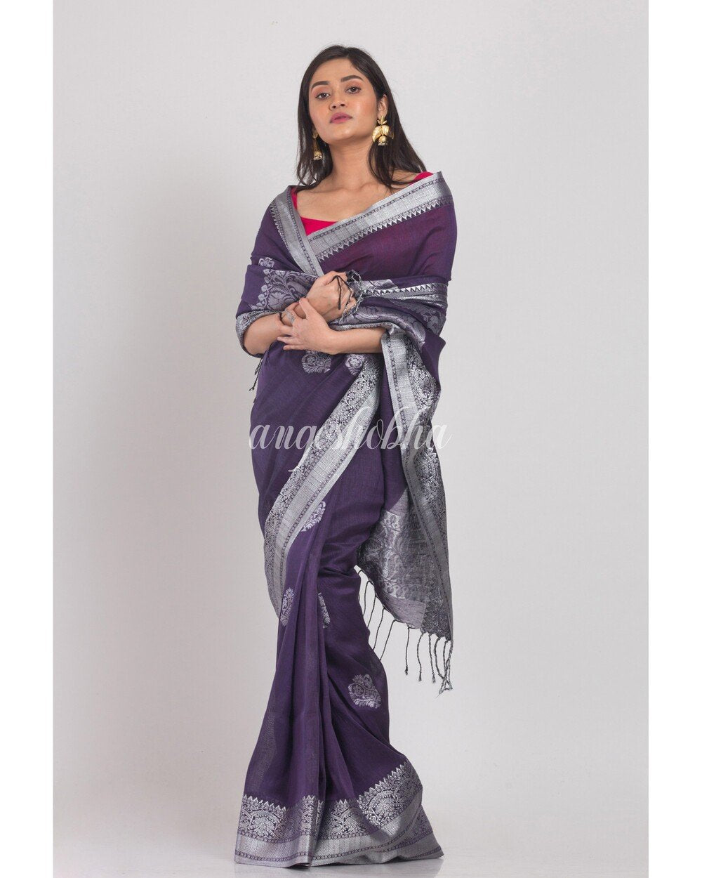 Women's Voilet Handloom Linen Saree