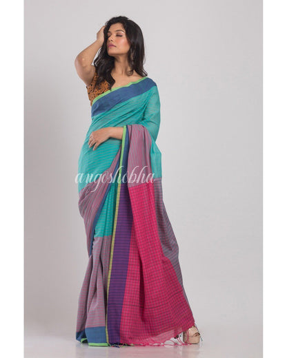 Women's Cyan Blue Green Handwoven Cotton Saree