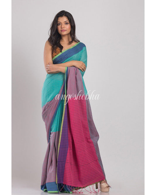 Women's Cyan Blue Green Handwoven Cotton Saree