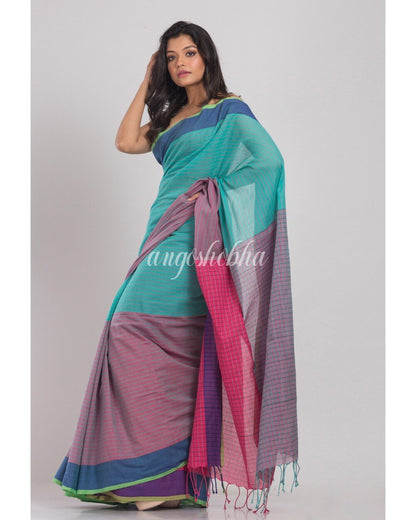 Women's Cyan Blue Green Handwoven Cotton Saree