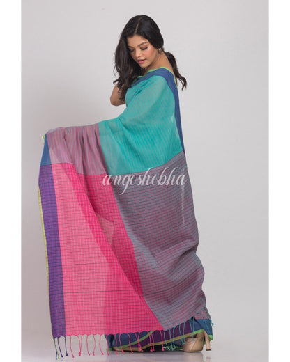 Women's Cyan Blue Green Handwoven Cotton Saree