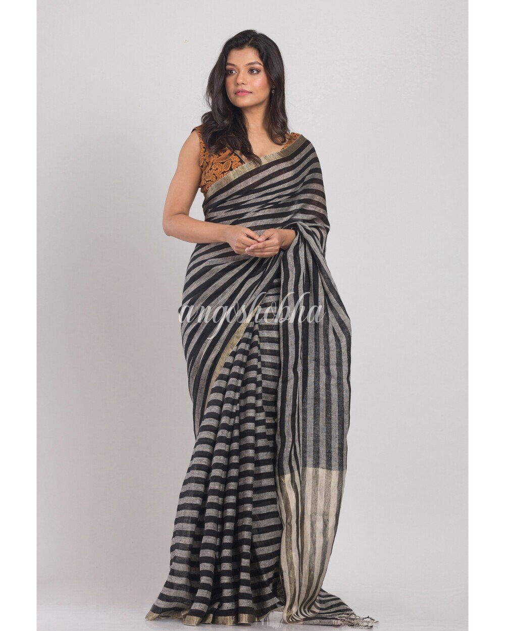 Women's Grey Handwoven Linen Saree
