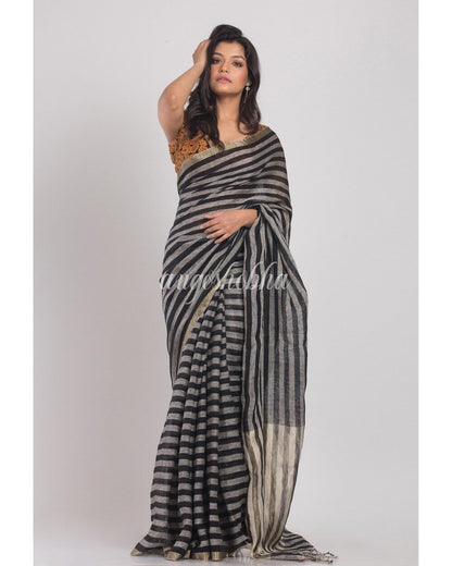 Women's Grey Handwoven Linen Saree