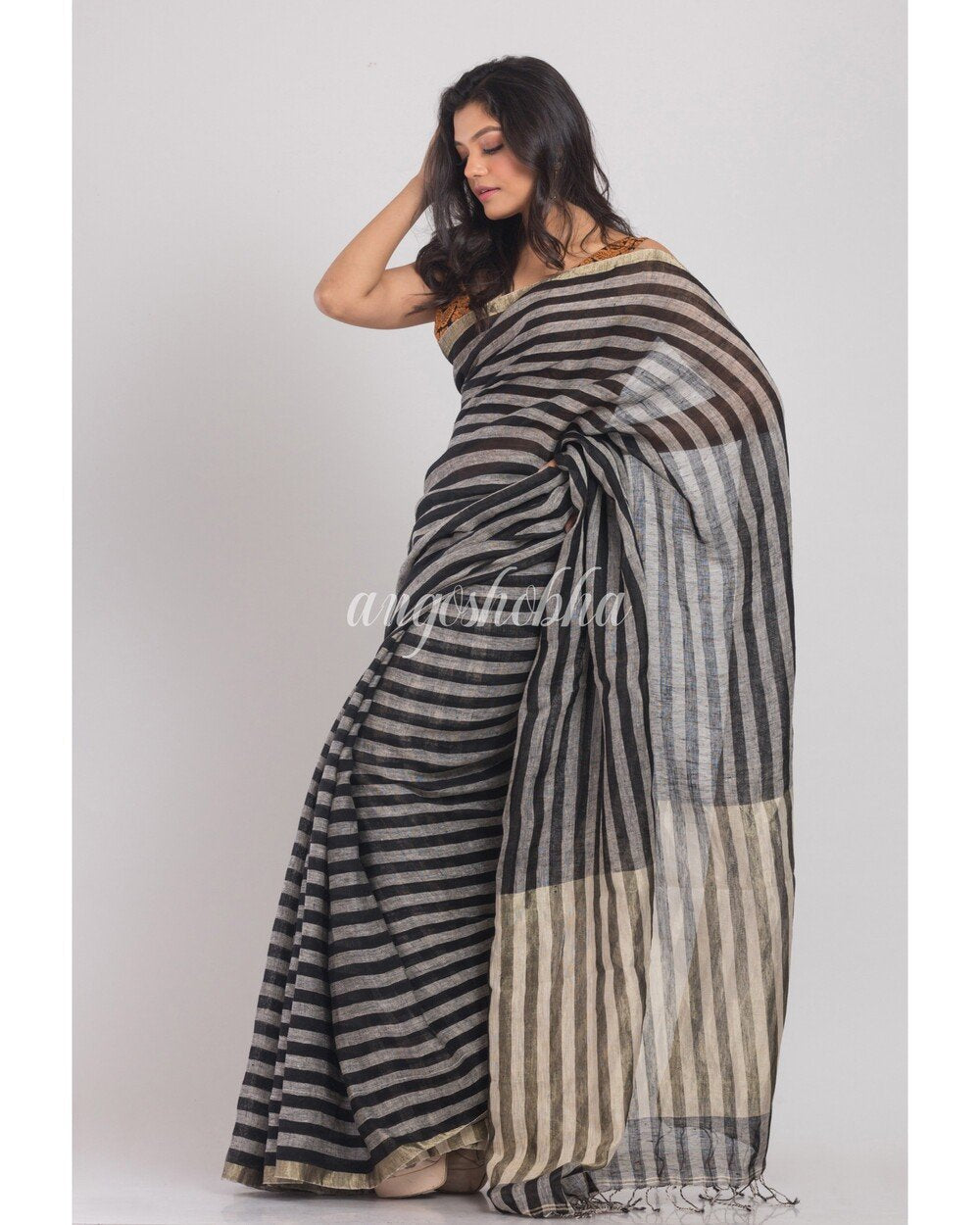 Women's Grey Handwoven Linen Saree