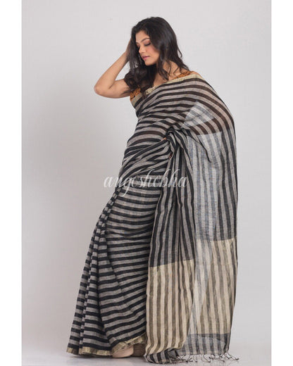 Women's Grey Handwoven Linen Saree