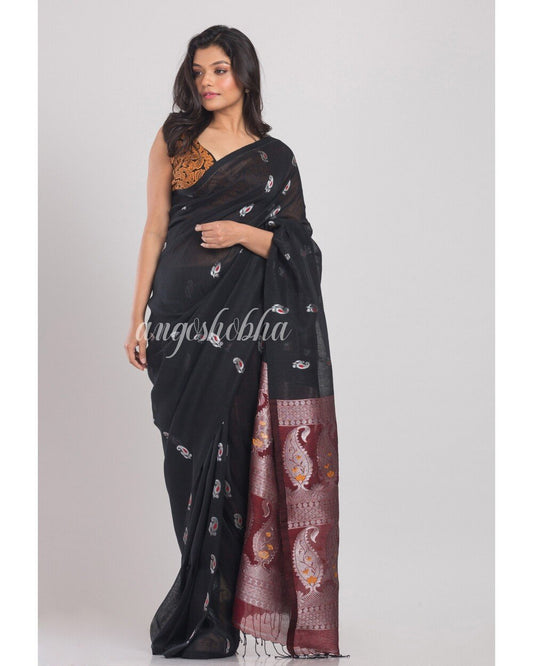 Women's Black Handwoven Linen Saree