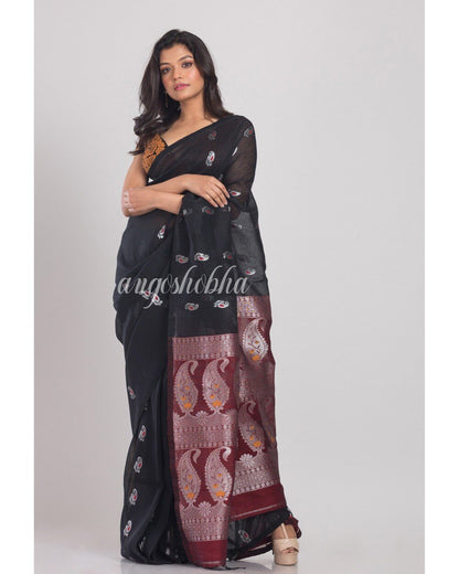 Women's Black Handwoven Linen Saree