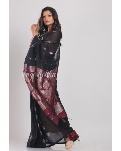 Women's Black Handwoven Linen Saree