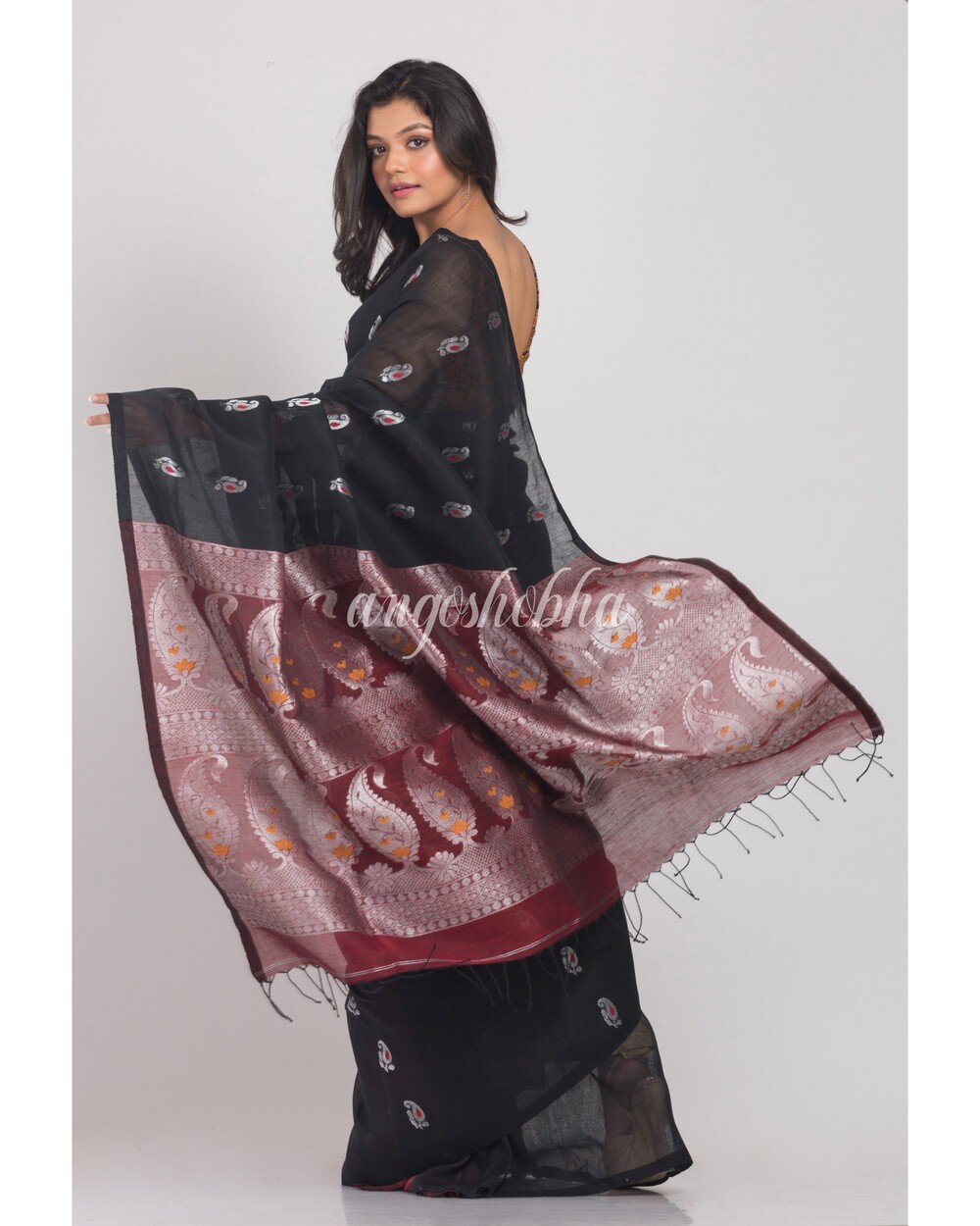 Women's Black Handwoven Linen Saree