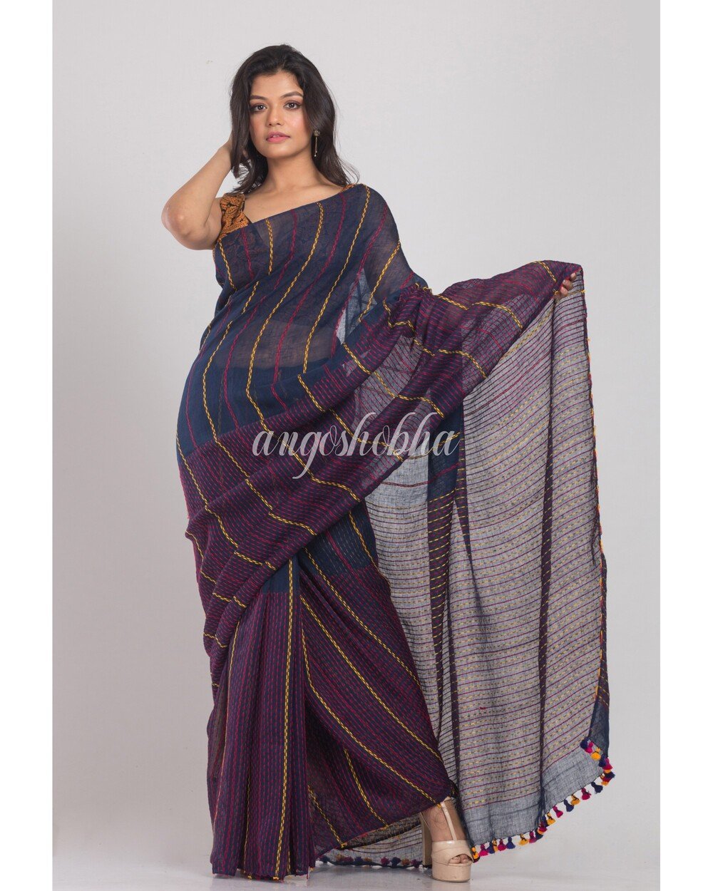 Women's Blue Handwoven Linen Saree