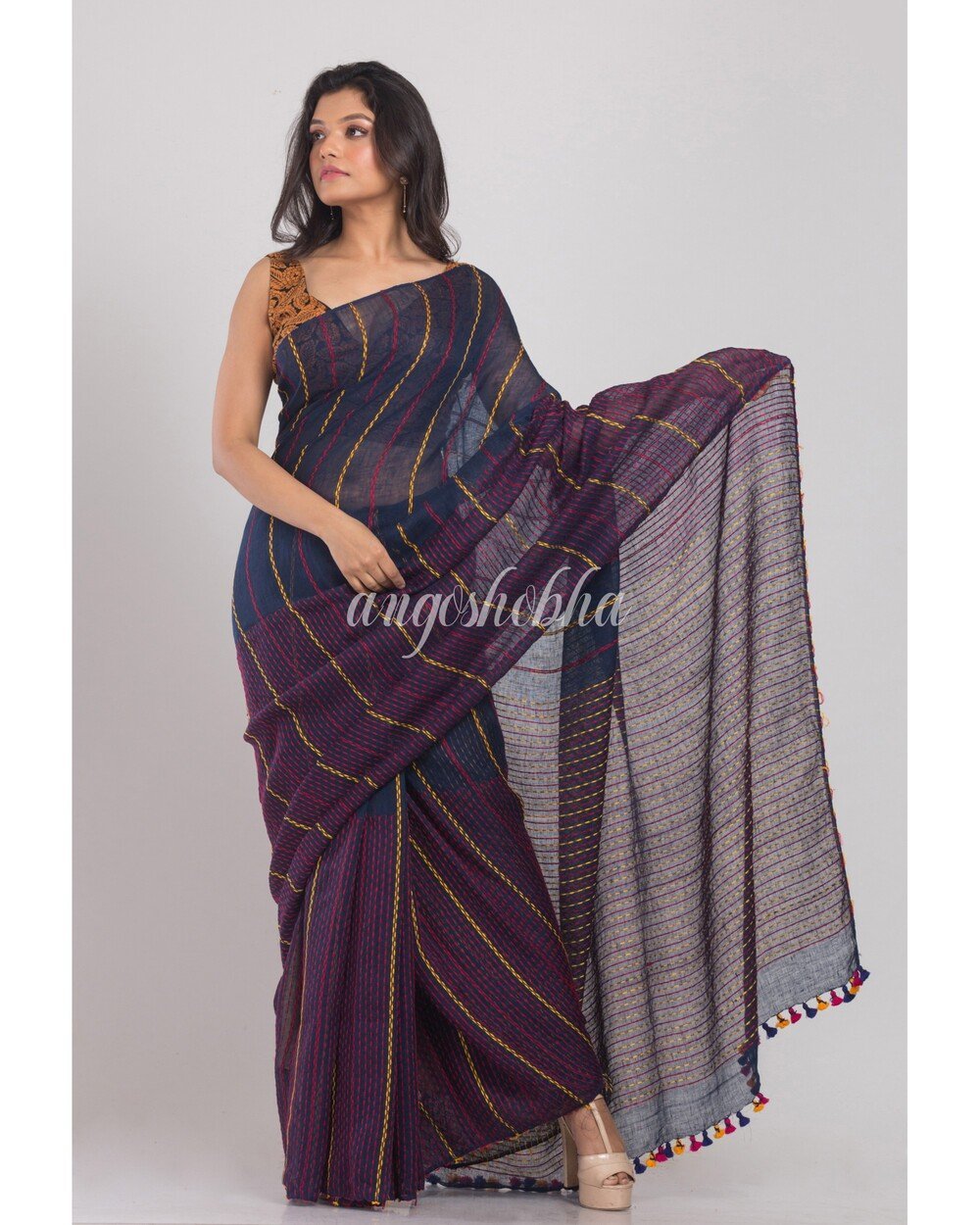 Women's Blue Handwoven Linen Saree