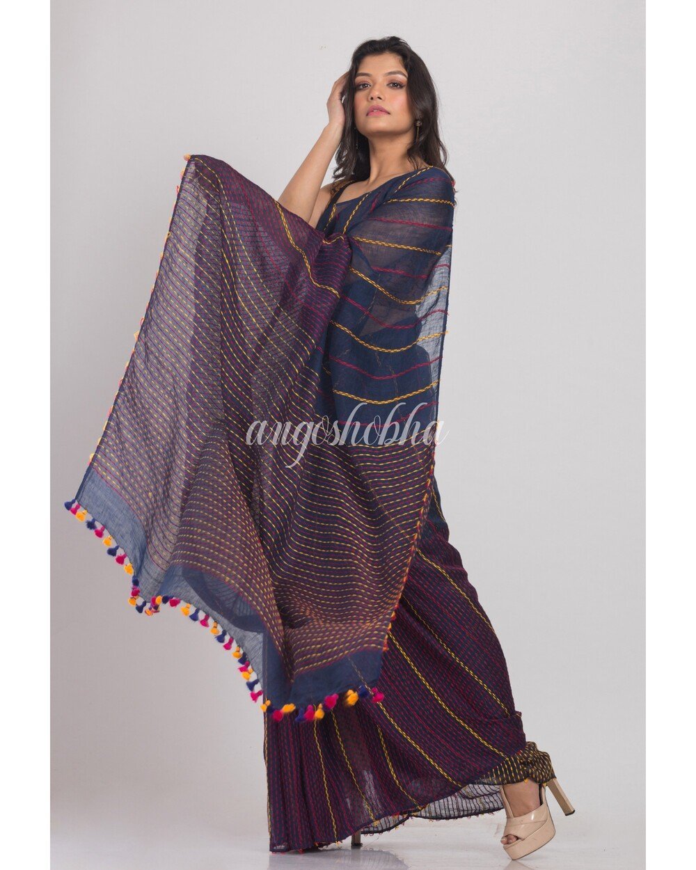 Women's Blue Handwoven Linen Saree