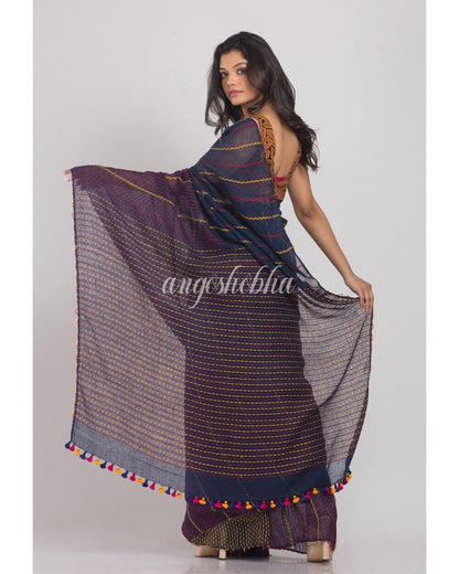 Women's Blue Handwoven Linen Saree