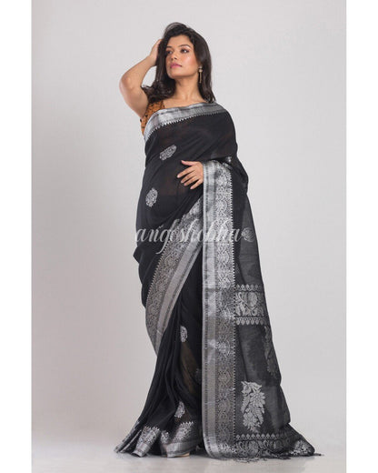 Women's Black Handwoven Linen Saree