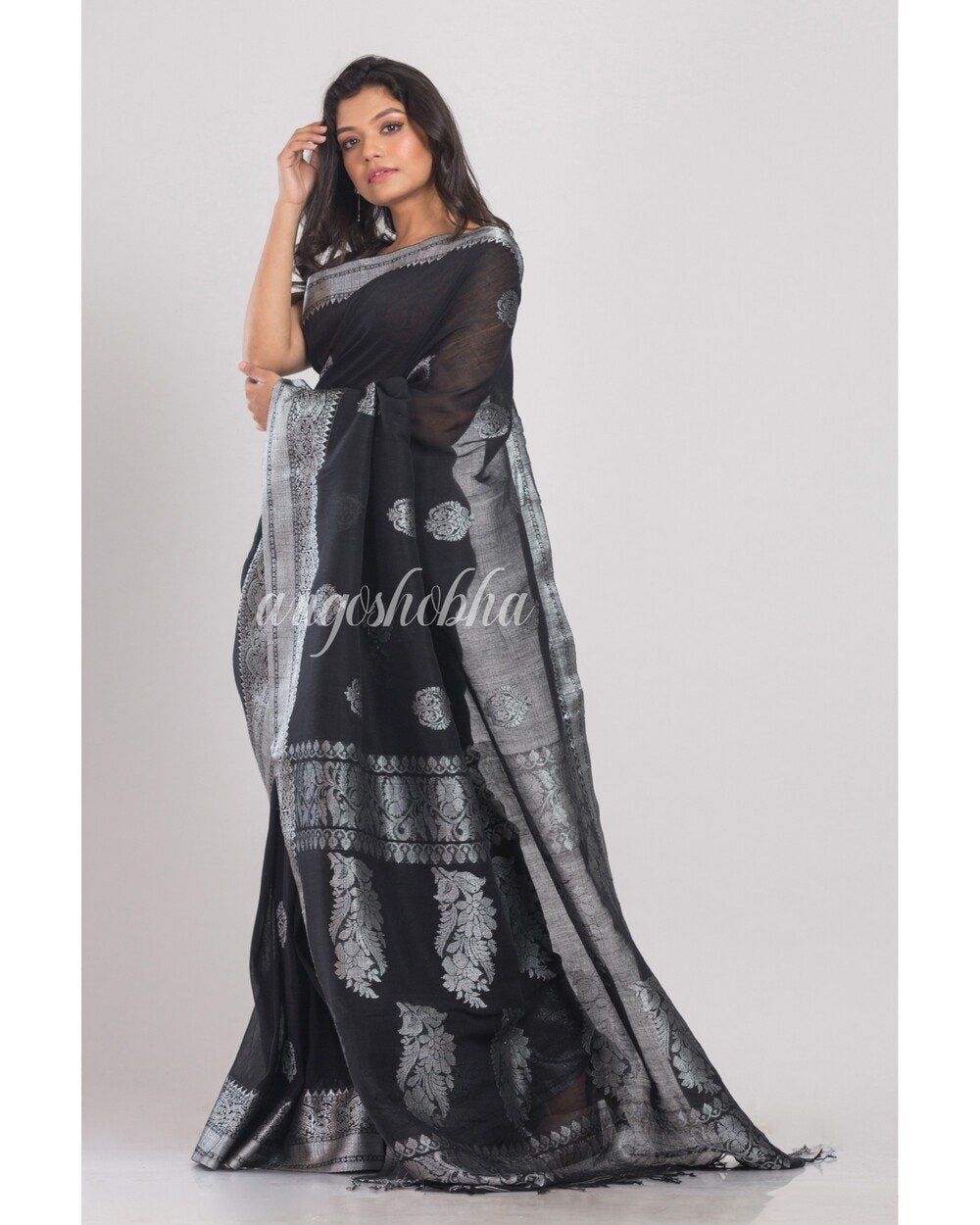 Women's Black Handwoven Linen Saree
