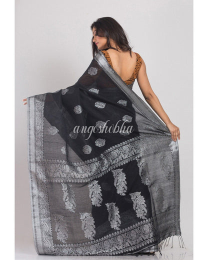 Women's Black Handwoven Linen Saree