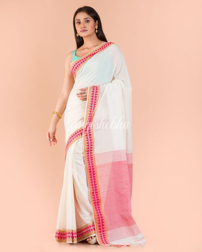 Women's Soft Cream Cotton Tangail Saree