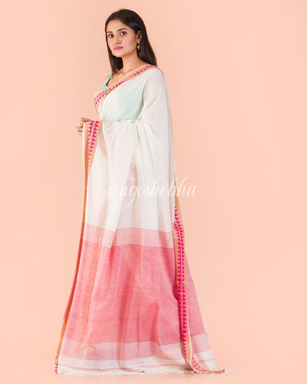 Women's Soft Cream Cotton Tangail Saree