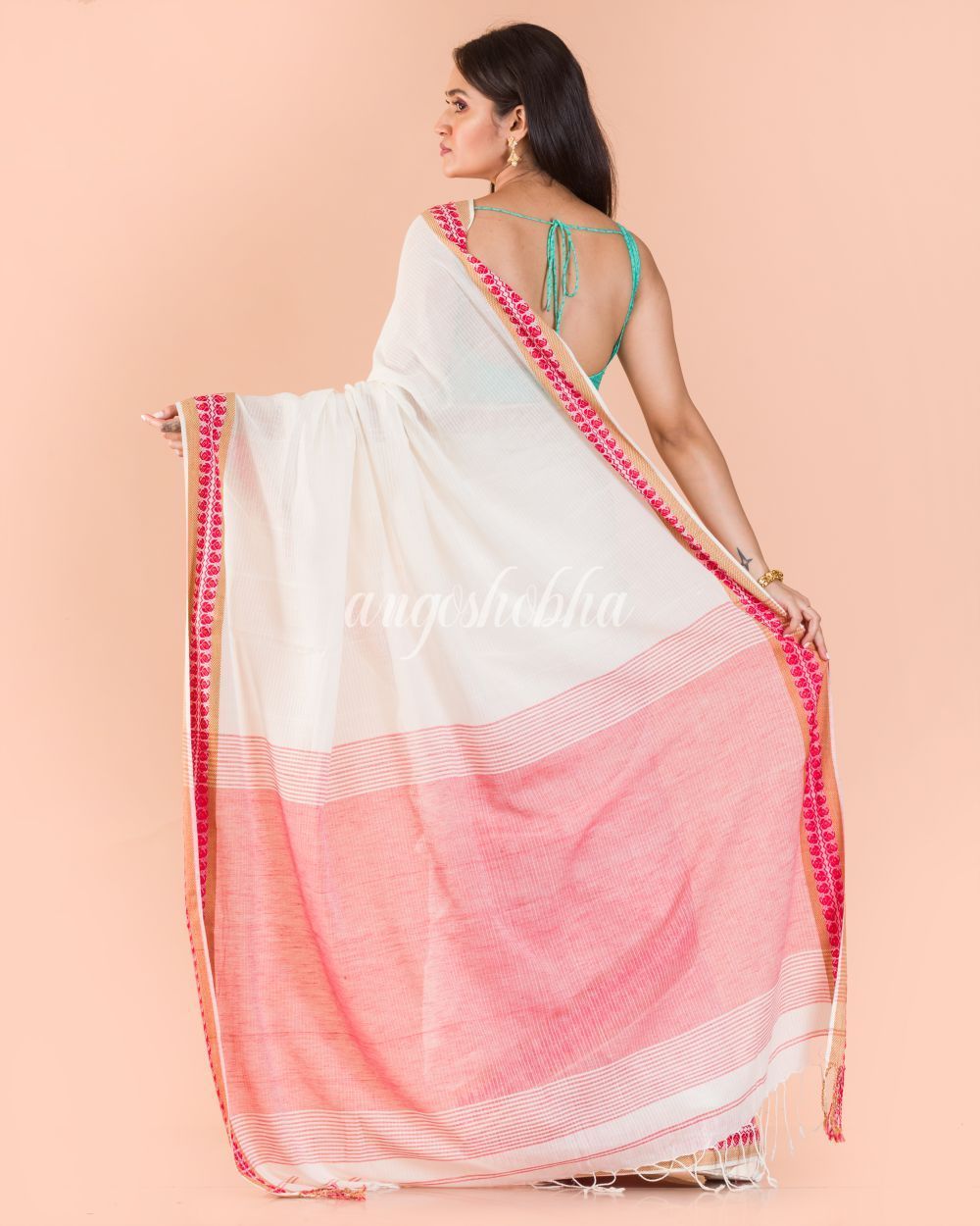 Women's Soft Cream Cotton Tangail Saree
