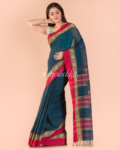 Women's Dark Teal Handloom Cotton Tangail Saree