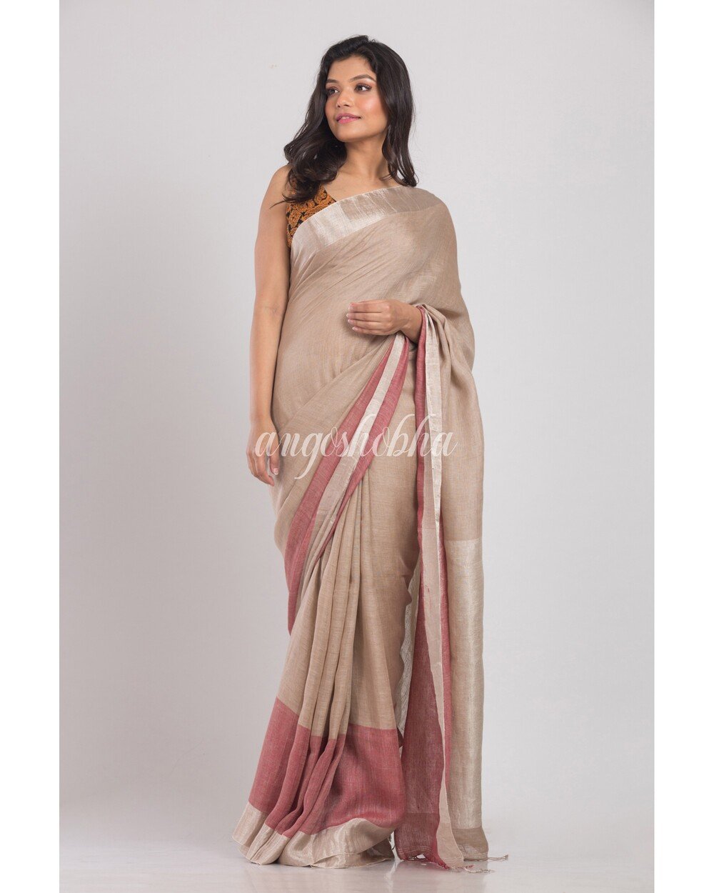 Women's Beige Handwoven Linen Saree
