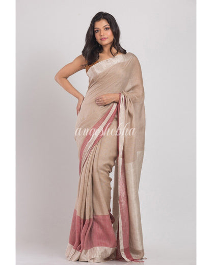 Women's Beige Handwoven Linen Saree