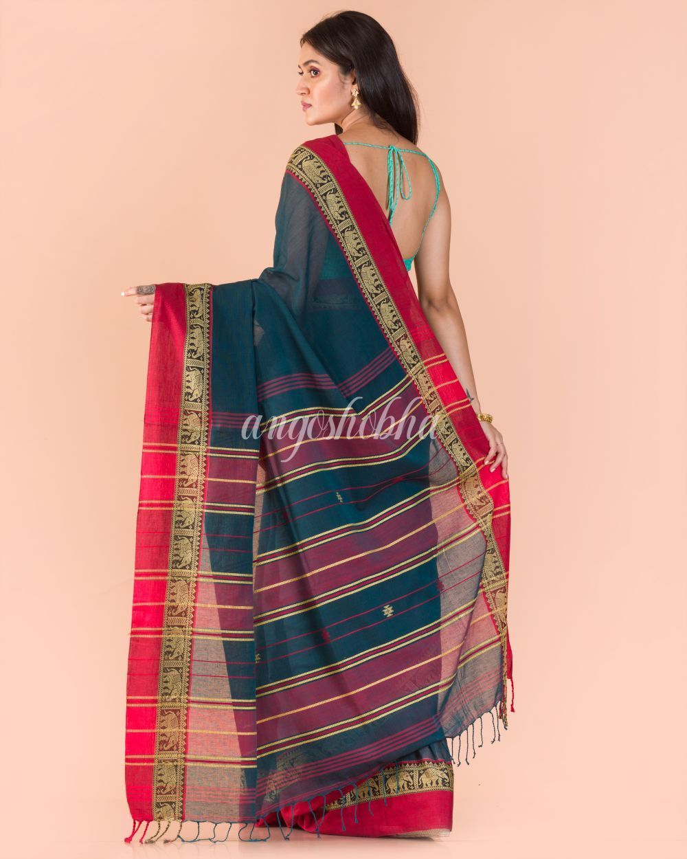 Women's Dark Teal Handloom Cotton Tangail Saree