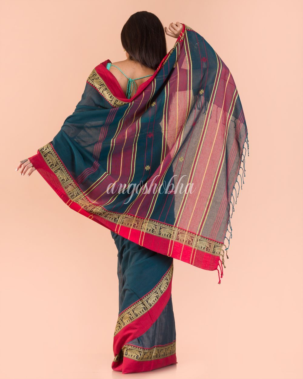 Women's Dark Teal Handloom Cotton Tangail Saree
