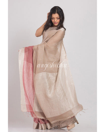 Women's Beige Handwoven Linen Saree