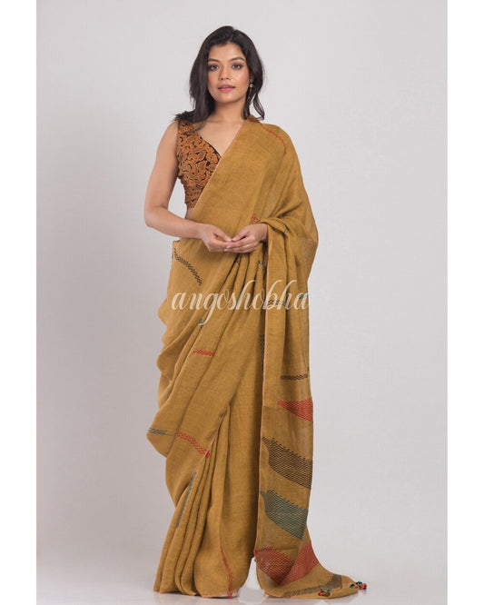 Women's Dark Brown Handwoven Linen Saree