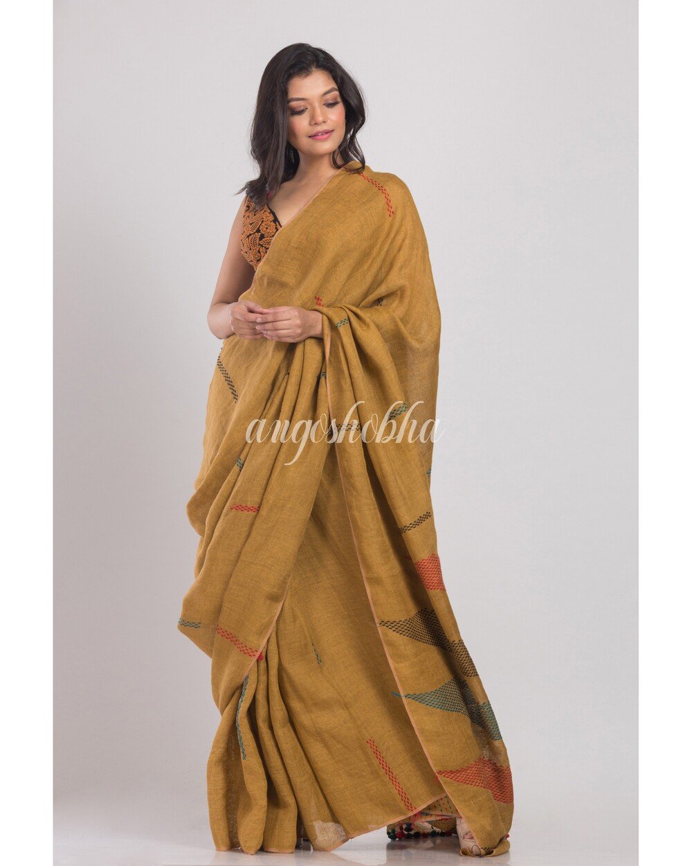 Women's Dark Brown Handwoven Linen Saree