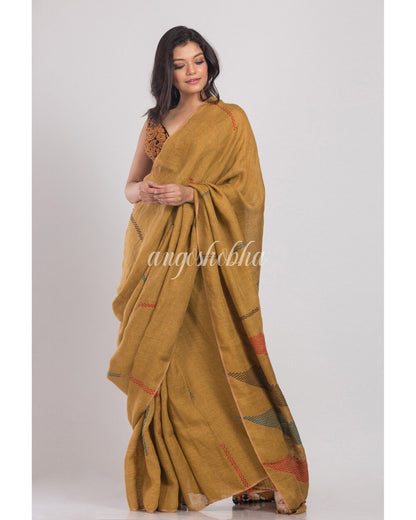 Women's Dark Brown Handwoven Linen Saree