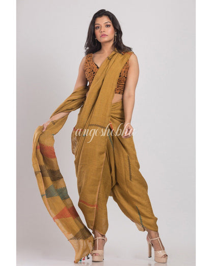 Women's Dark Brown Handwoven Linen Saree