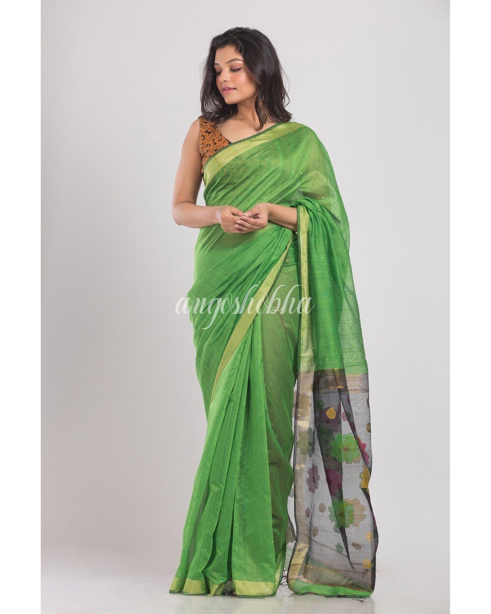 Women's Green Handloom Cotton Silk Saree