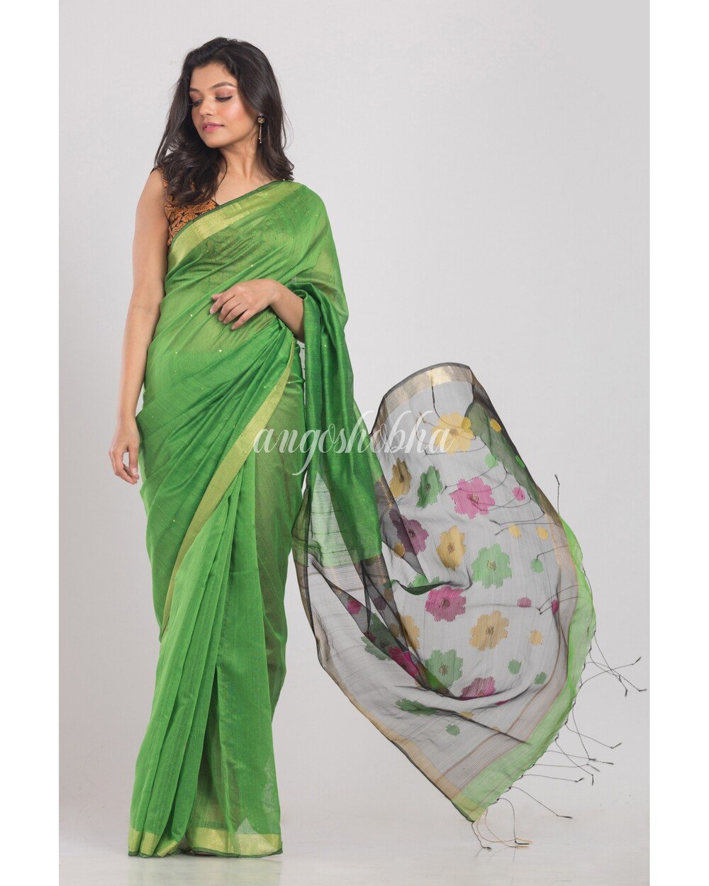 Women's Green Handloom Cotton Silk Saree