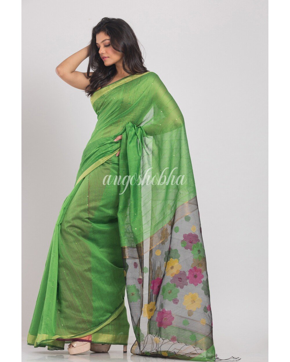 Women's Green Handloom Cotton Silk Saree