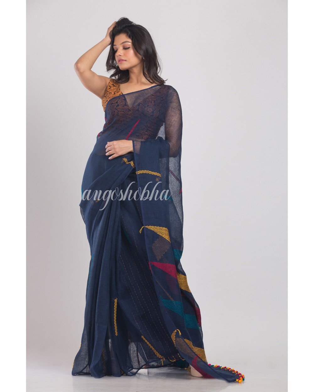 Women's Blue Handwoven Linen Saree
