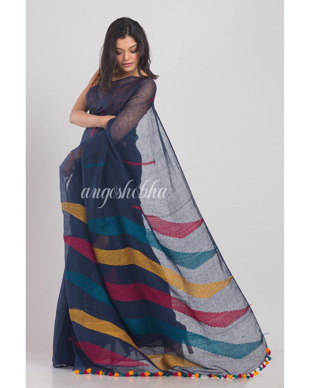 Women's Blue Handwoven Linen Saree