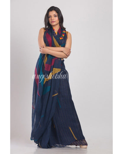 Women's Blue Handwoven Linen Saree