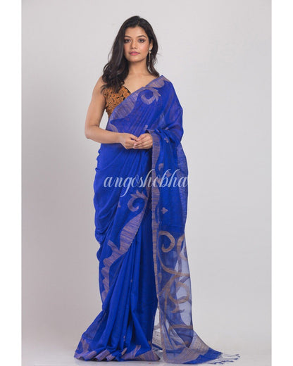 Women's dark Blue Matka Silk Jamdani Saree