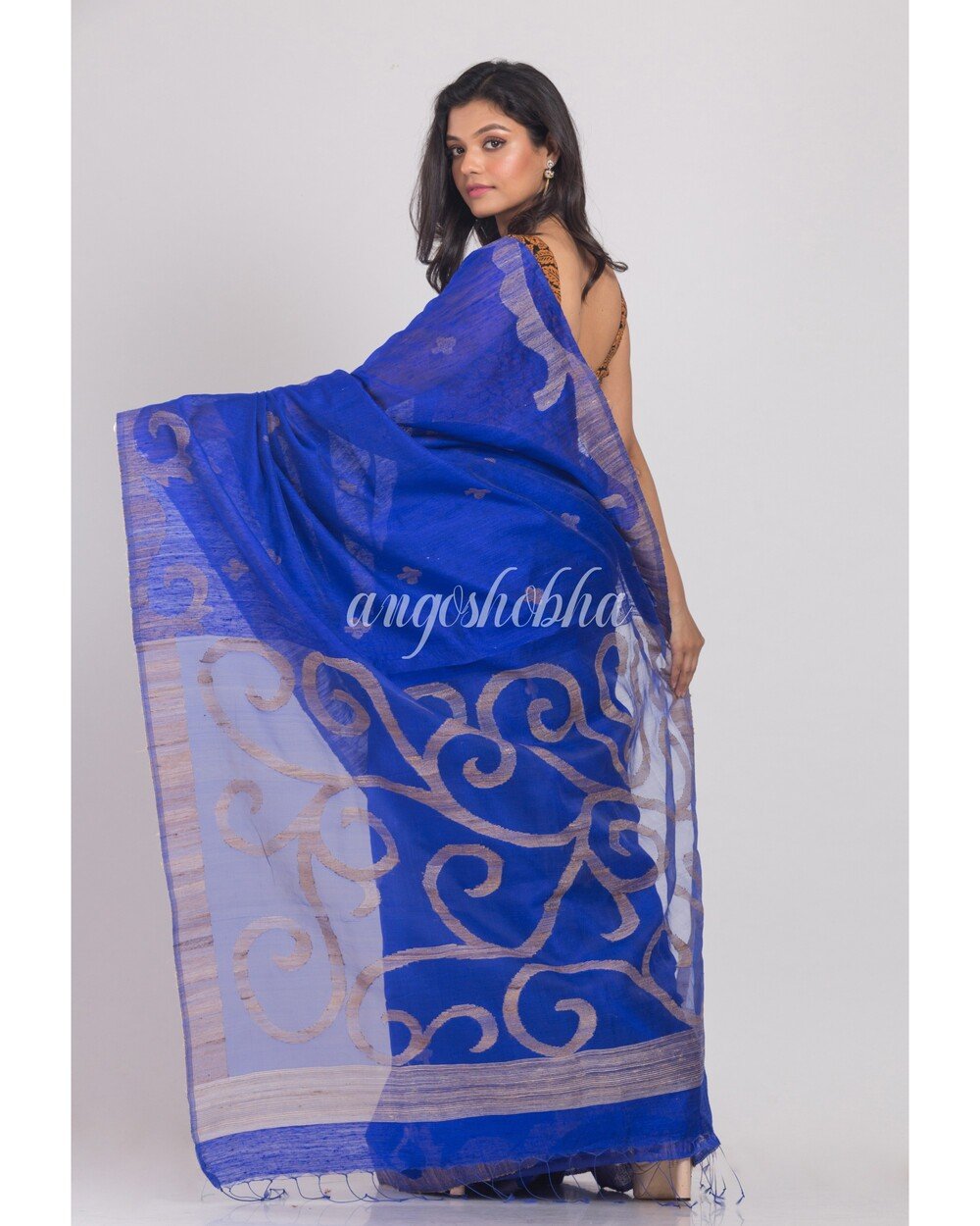 Women's dark Blue Matka Silk Jamdani Saree