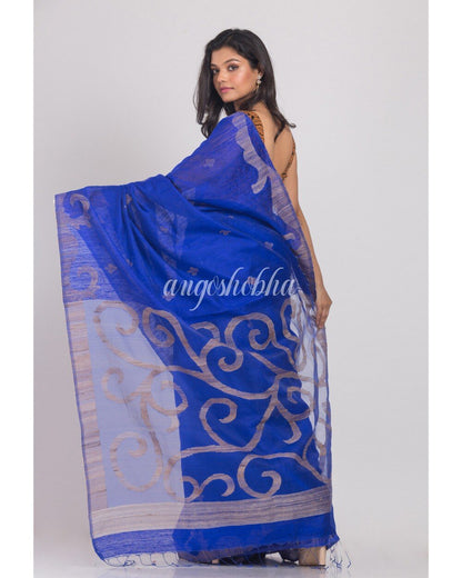Women's dark Blue Matka Silk Jamdani Saree