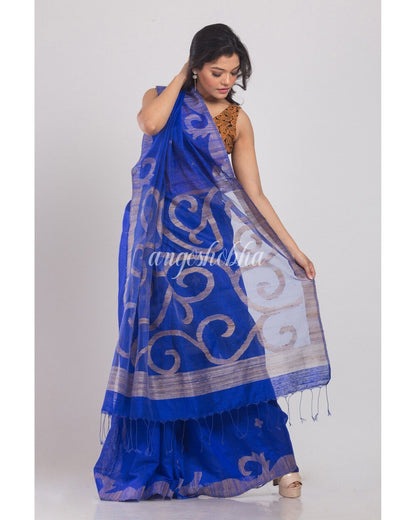 Women's dark Blue Matka Silk Jamdani Saree